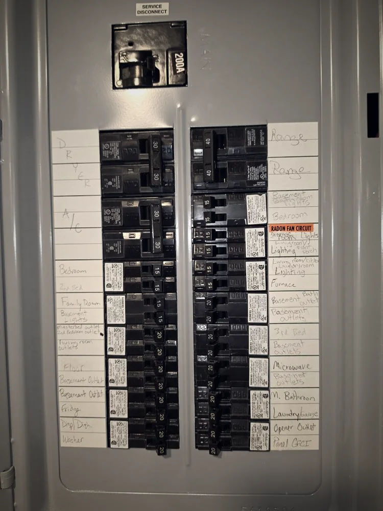 A finished 200 amp panel with every circuit labeled by hand on the directory