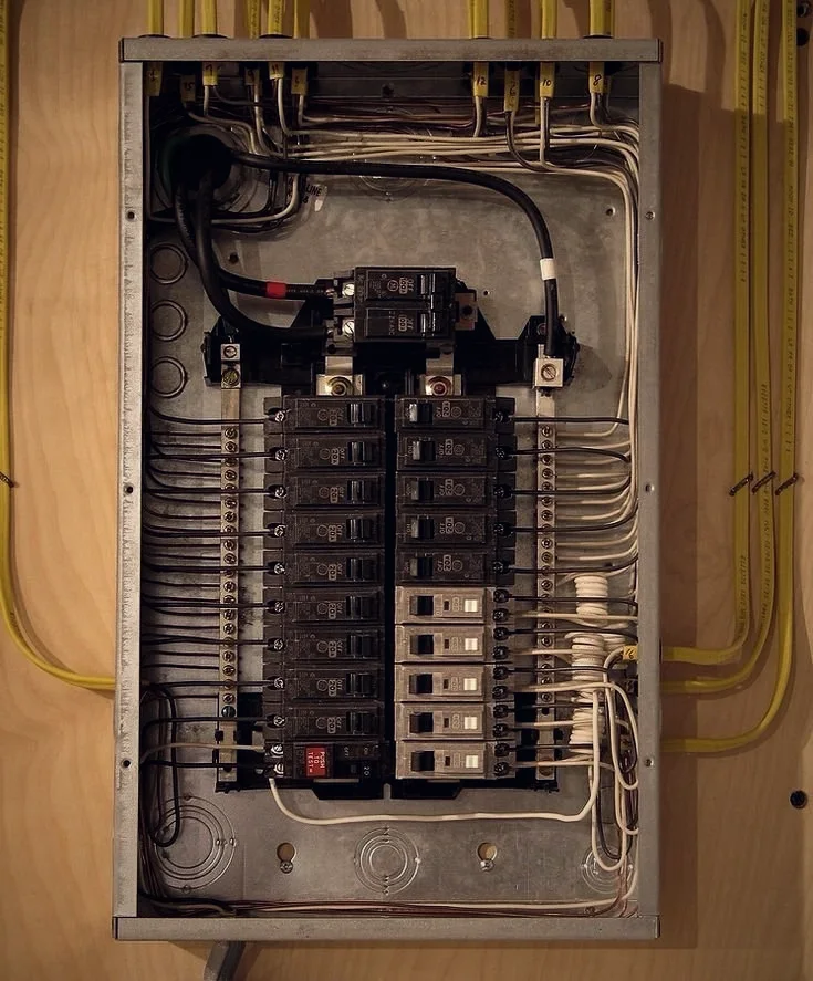 A densely wired breaker panel open for diagnosis